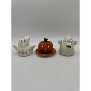 Vintage Darice Halloween Ceramic Pumpkin Ghost Mini Tealight Candle Set Of 3 HTF